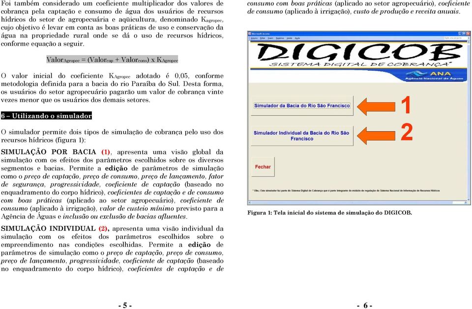 consumo com boas práticas (aplicado ao setor agropecuário), coeficiente de consumo (aplicado à irrigação), custo de produção e receita anuais.