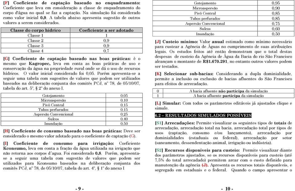 Classe do corpo hídrico Coeficiente a ser adotado Classe 1 1 Classe 2 0,9 Classe 3 0,9 Classe 4 0,7 [G] Coeficiente de captação baseado nas boas práticas: è o mesmo que Kagropec, leva em conta as