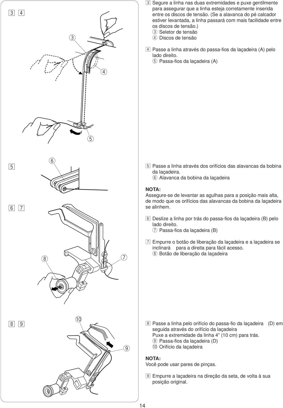 t Passa-fios da laçadia (A) t b n m y b Pass a linha atavés dos oifícios das alavancas da bobina da laçadia.