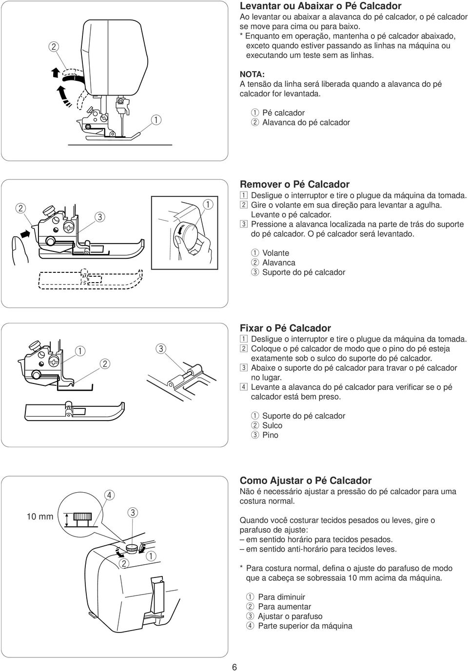 NOTA: A tnsão da linha sá libada uando a alavanca do pé calcado fo lvantada. Pé calcado Alavanca do pé calcado Rmov o Pé Calcado z Dsligu o intupto ti o plugu da máuina da tomada.