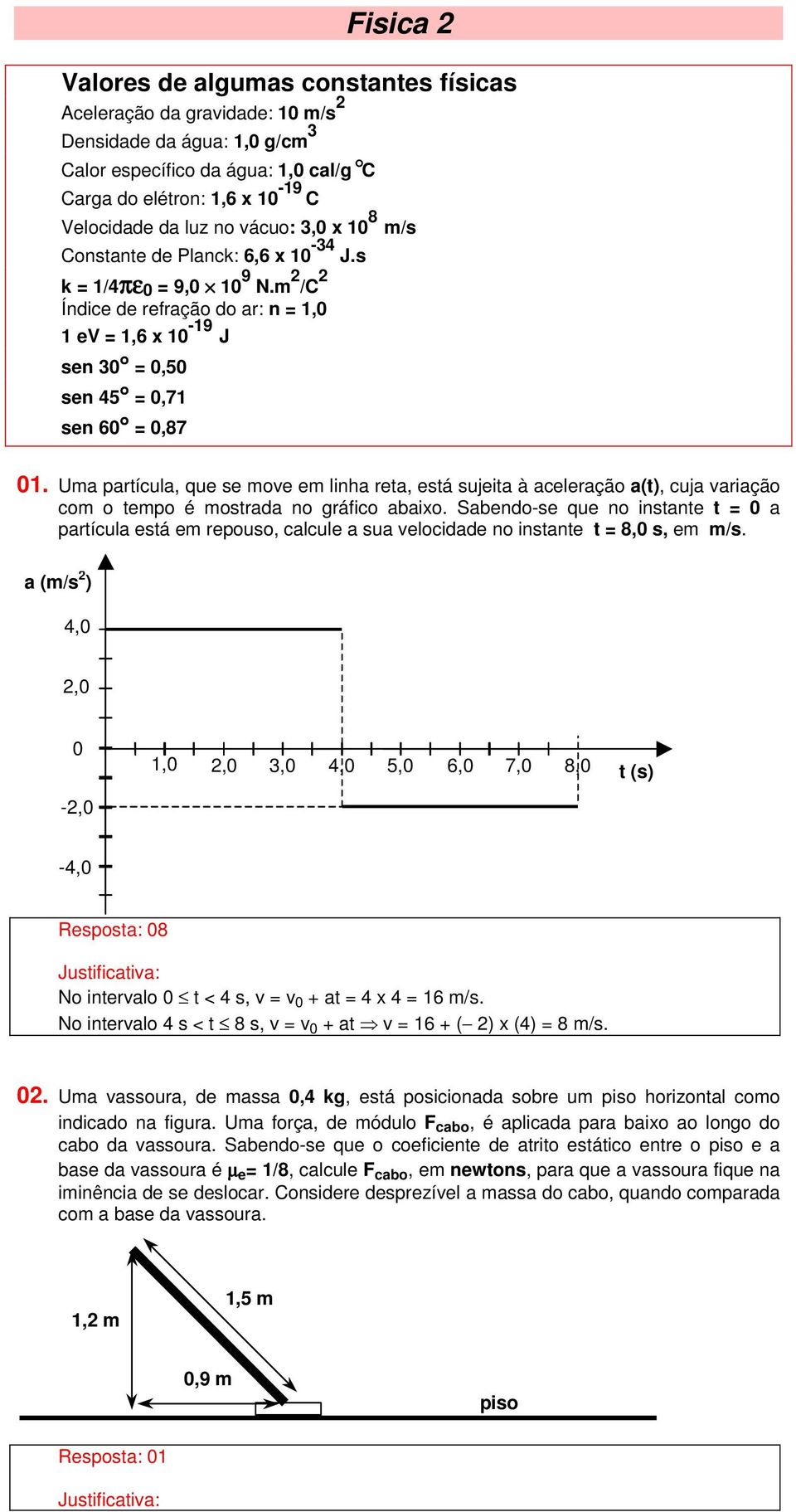 Uma partícula, qu s mov m linha rta, stá sujita à aclração a(t), cuja variação com o tmpo é mostrada no gráfico abaixo.