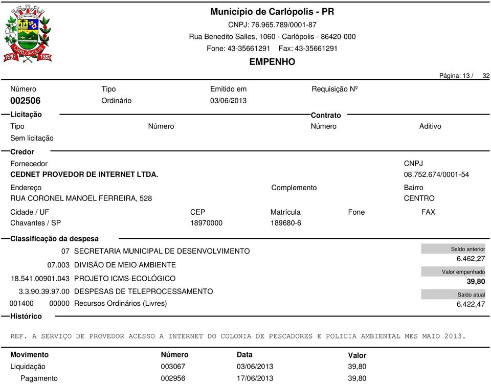 043 PROJETO ICMS-ECOLÓGICO 3.3.90.39.97.00 DESPESAS DE TELEPROCESSAMENTO 001400 00000 Recursos Ordinários (Livres) 6.462,27 39,80 6.