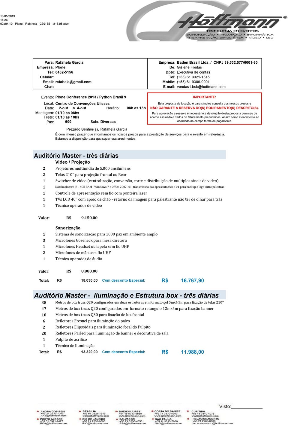 Empresa: Baden Brasil Ltda. / CNPJ 9.5.577/000-80 De: Gislene Freitas Dpto: Executiva de contas Tel: (+55) 6-55 Mobile: (+55) 6 906-900 E-mail: vendas.bsb@hoffmann.