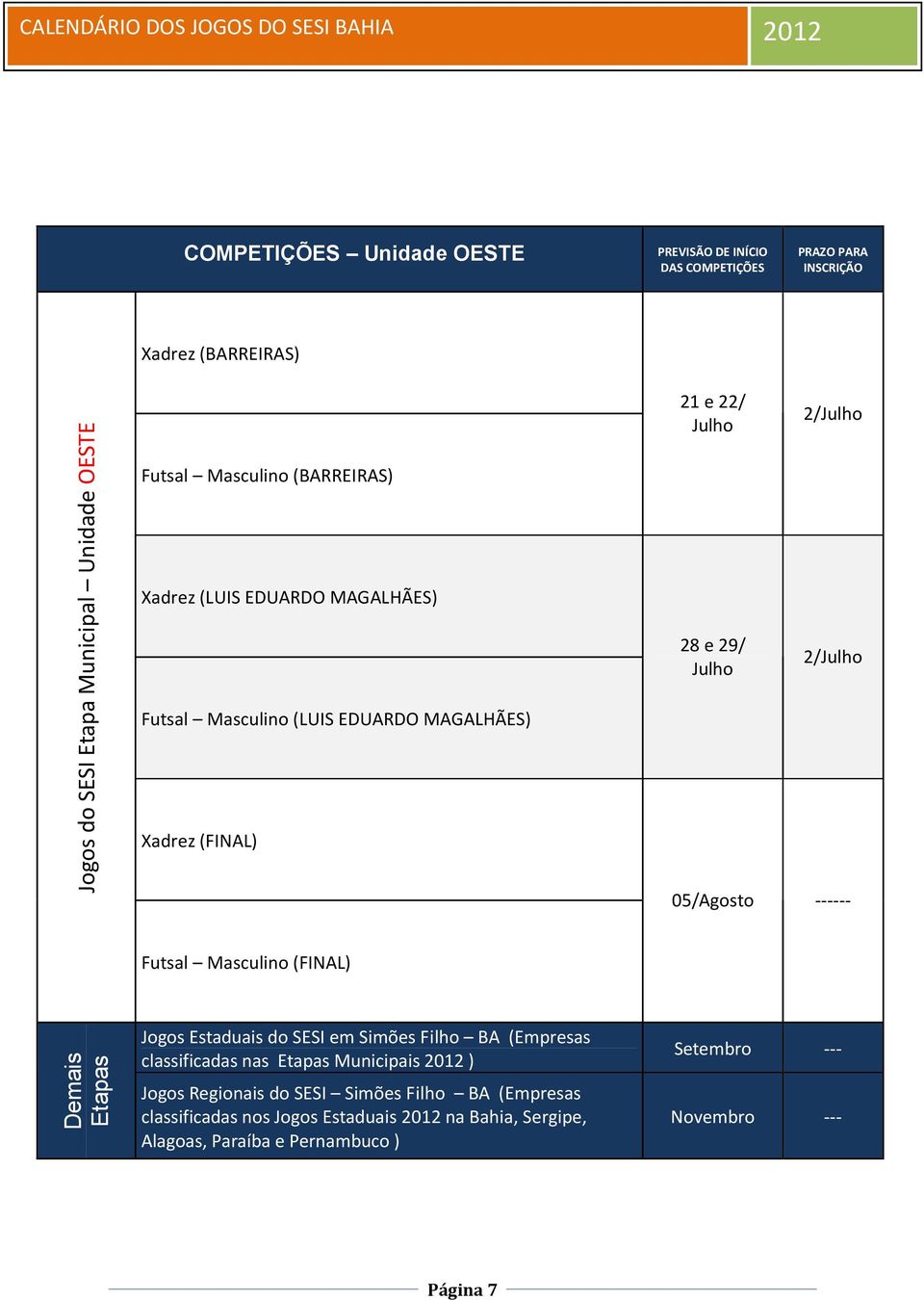 22/ Julho 28 e 29/ Julho 2/Julho 2/Julho 05/Agosto ------ Futsal Masculino (FINAL) classificadas nas