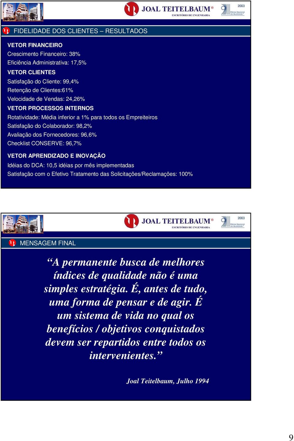 APRENDIZADO E INOVAÇÃO Idéias do DCA: 10,5 idéias por mês implementadas Satisfação com o Efetivo Tratamento das Solicitações/Reclamações: 100% MENSAGEM FINAL A permanente busca de melhores índices de