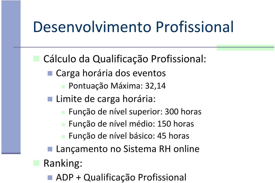 nível superior: 300 horas Função de nível médio: 150 horas Função de nível