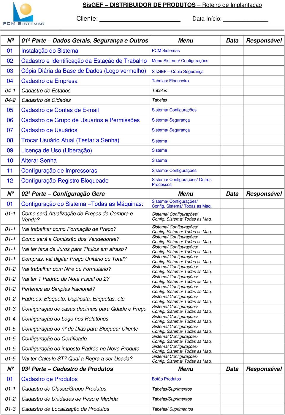 Estados Tabelas 04-2 Cadastro de Cidades Tabelas 05 Cadastro de Contas de E-mail Sistema/ Configurações 06 Cadastro de Grupo de Usuários e Permissões Sistema/ Segurança 07 Cadastro de Usuários