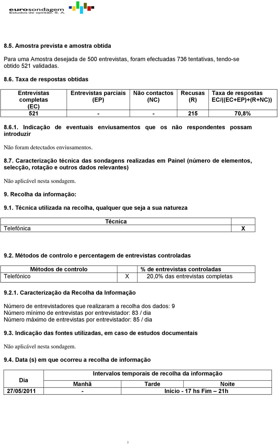 Taxa de respostas obtidas Entrevistas completas (EC) Entrevistas parciais (EP) Não contactos (NC) Recusas (R) Taxa de respostas EC/((EC+EP)+(R+NC)) 521 