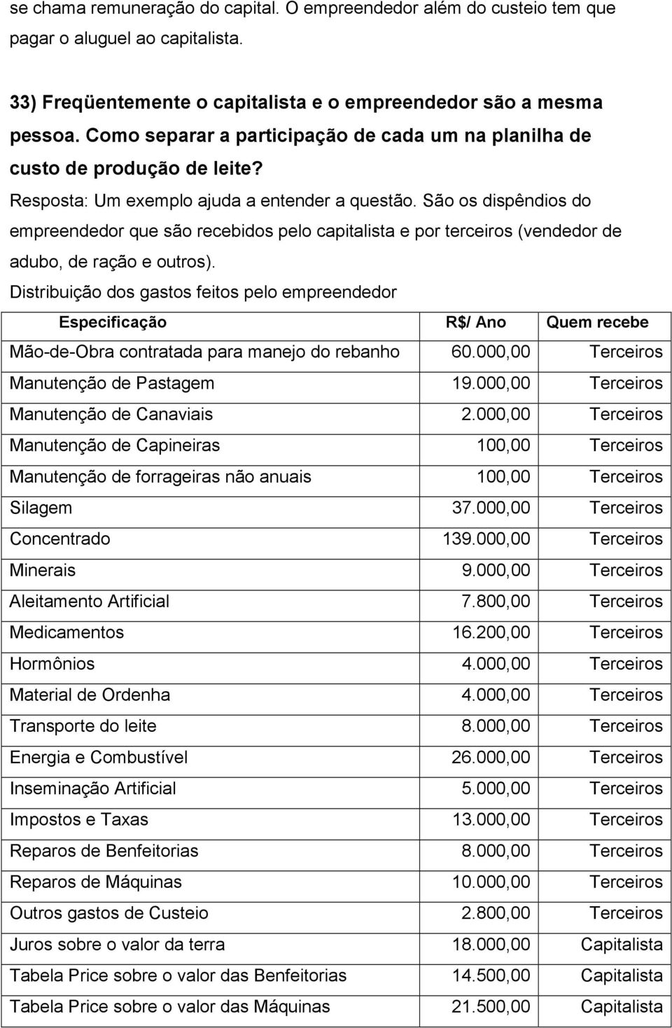 São os dispêndios do empreendedor que são recebidos pelo capitalista e por terceiros (vendedor de adubo, de ração e outros).