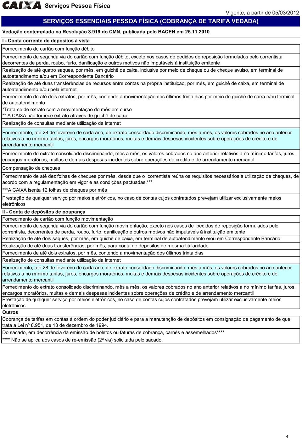 2010 I - corrente de depósitos à vista Fornecimento de cartão com função débito Fornecimento de até dois extratos, por mês, contendo a movimentação dos últimos trinta dias por meio de guichê de caixa