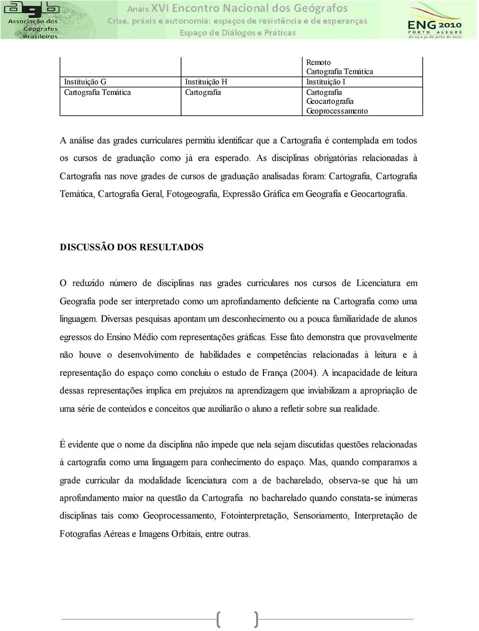 As disciplinas obrigatórias relacionadas à Cartografia nas nove grades de cursos de graduação analisadas foram: Cartografia, Cartografia Temática, Cartografia Geral, Fotogeografia, Expressão Gráfica