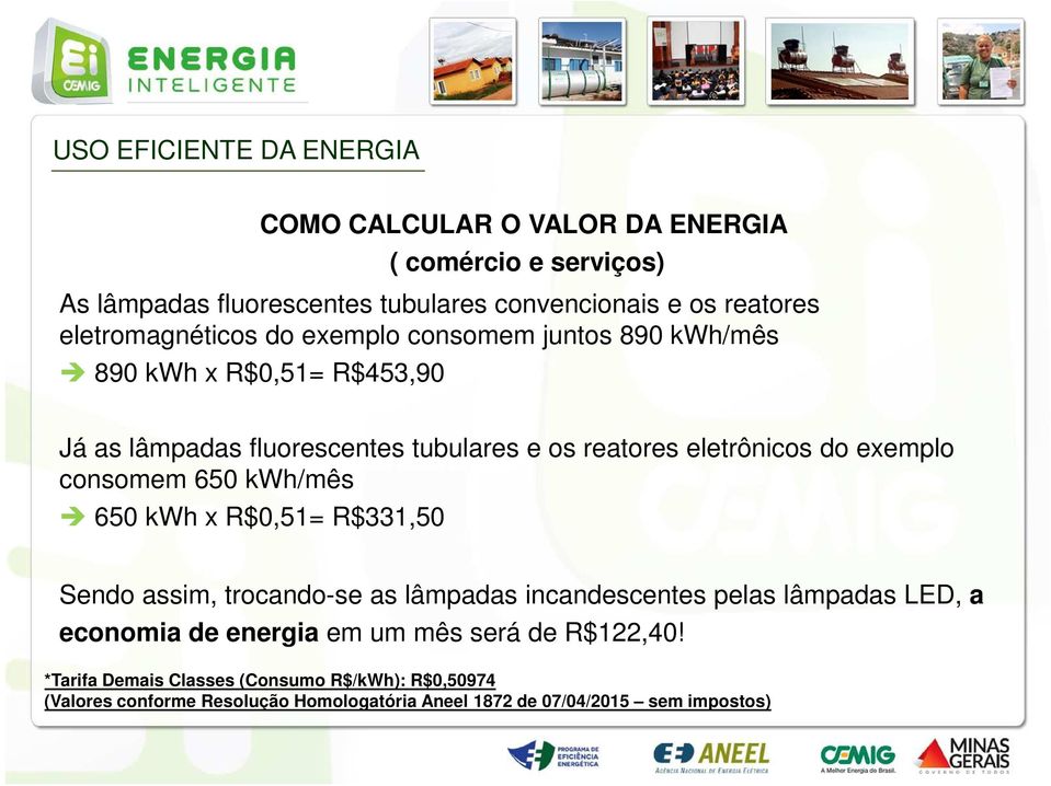 consomem 650 kwh/mês 650 kwh x R$0,51= R$331,50 Sendo assim, trocando-se as lâmpadas incandescentes pelas lâmpadas LED, a economia de energia em