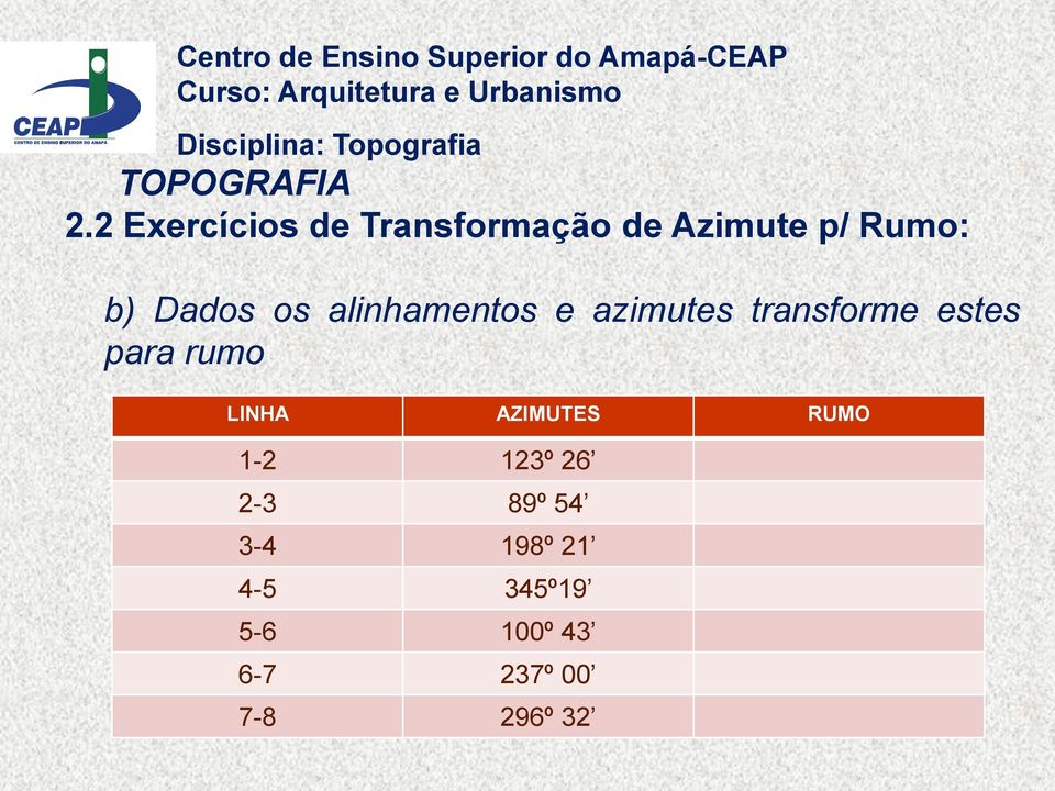 para rumo LIHA AZIMUT RUMO 1-2 123º 26 2-3 89º 54