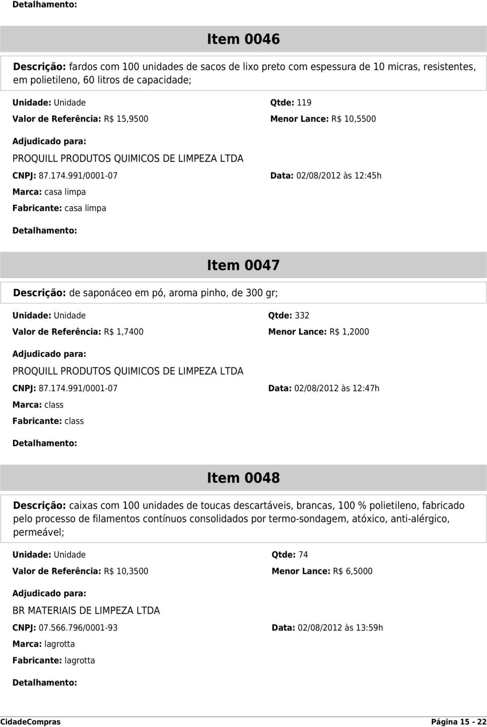 991/0001-07 Data: 02/08/2012 às 12:45h Marca: casa limpa Fabricante: casa limpa Item 0047 Descrição: de saponáceo em pó, aroma pinho, de 300 gr; Unidade: Unidade Qtde: 332 Valor de Referência: R$