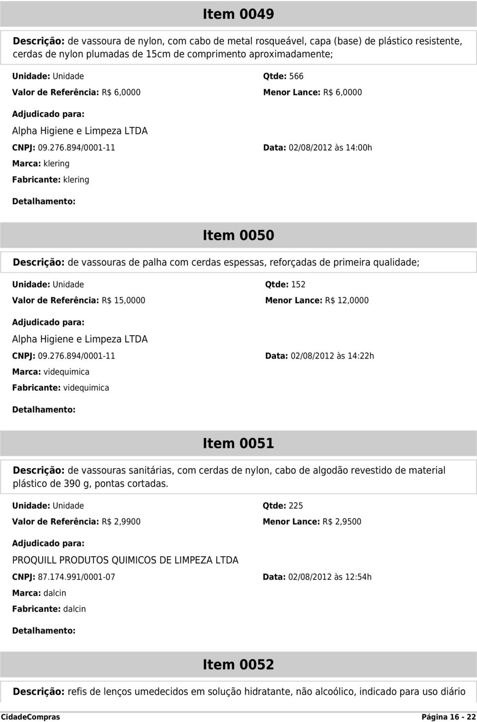 894/0001-11 Data: 02/08/2012 às 14:00h Marca: klering Fabricante: klering Item 0050 Descrição: de vassouras de palha com cerdas espessas, reforçadas de primeira qualidade; Unidade: Unidade Qtde: 152