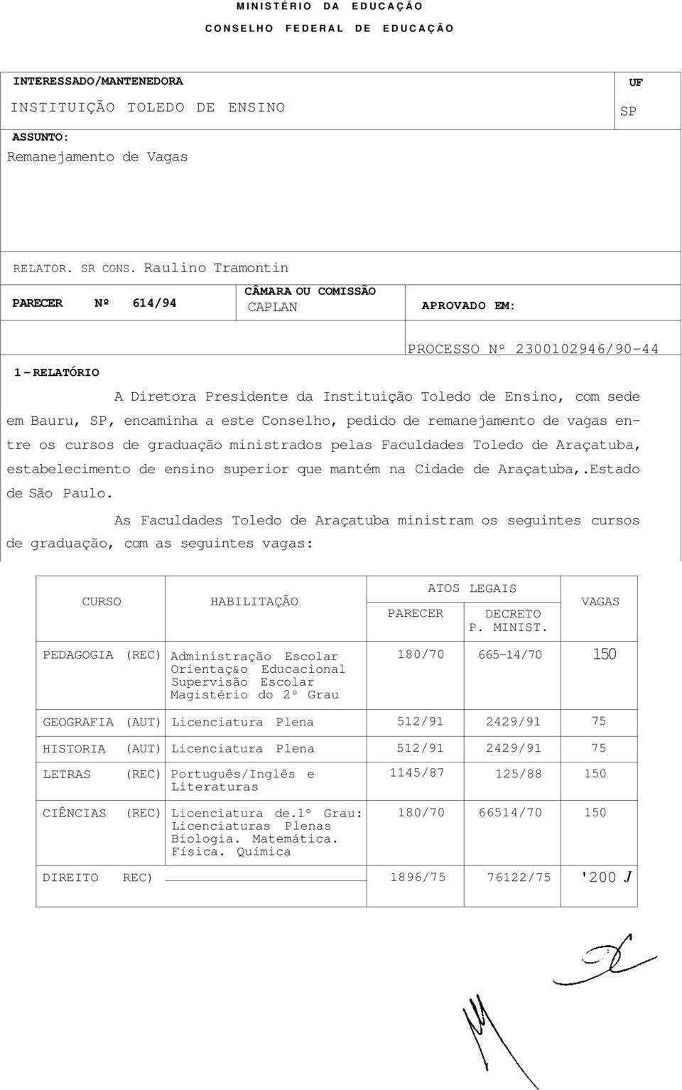 encaminha a este Conselho, pedido de remanejamento de vagas entre os cursos de graduação ministrados pelas Faculdades Toledo de Araçatuba, estabelecimento de ensino superior que mantém na Cidade de