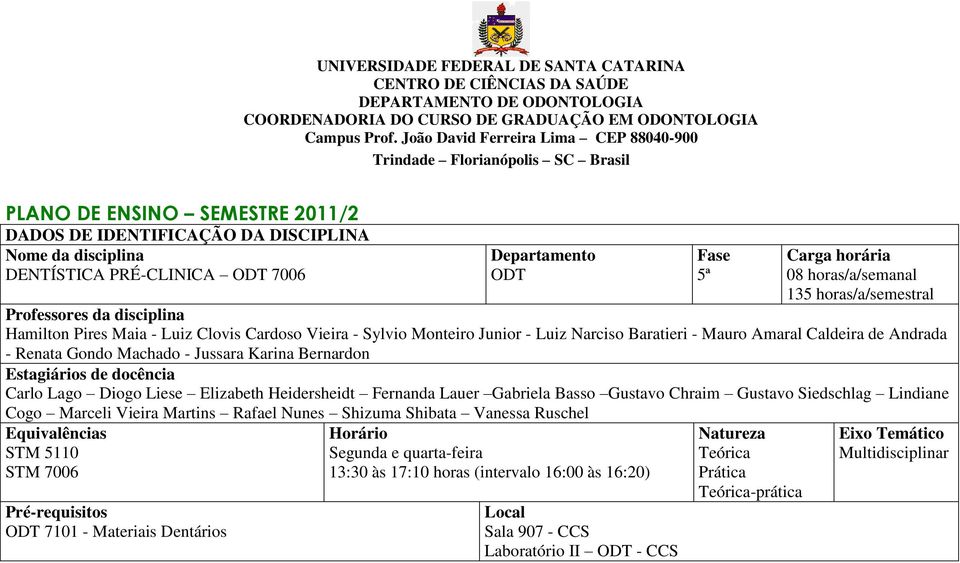 Departamento ODT Fase 5ª Carga horária 08 horas/a/semanal 135 horas/a/semestral Professores da disciplina Hamilton Pires Maia - Luiz Clovis Cardoso Vieira - Sylvio Monteiro Junior - Luiz Narciso