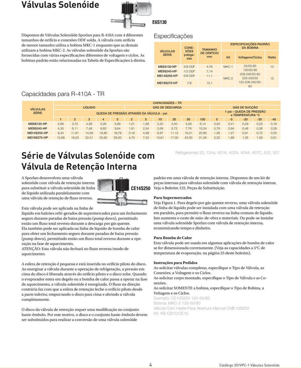 As válvulas solenóide da Sporlan são fornecidas com várias especificações diferentes de voltagem e ciclos. As bobinas padrão estão relacionadas na Tabela de Especificações à direita.