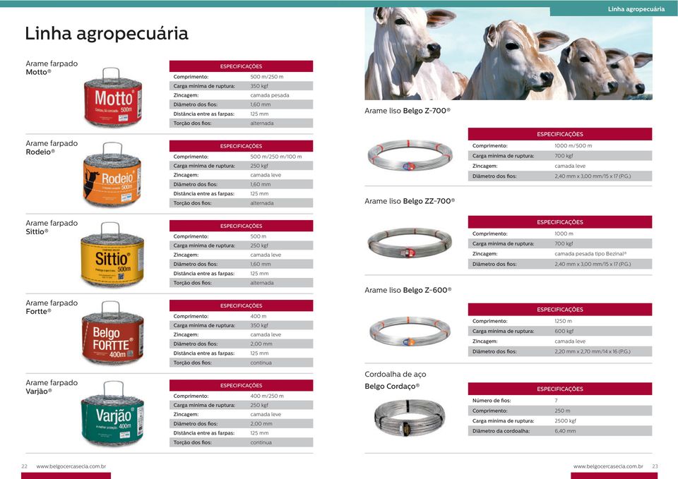 ) Distância entre as farpas: Torção dos fios: 125 mm alternada Arame liso Belgo ZZ-700 Arame farpado Sittio 500 m Carga mínima de ruptura: 250 kgf camada leve Carga mínima de ruptura: 1000 m 700 kgf