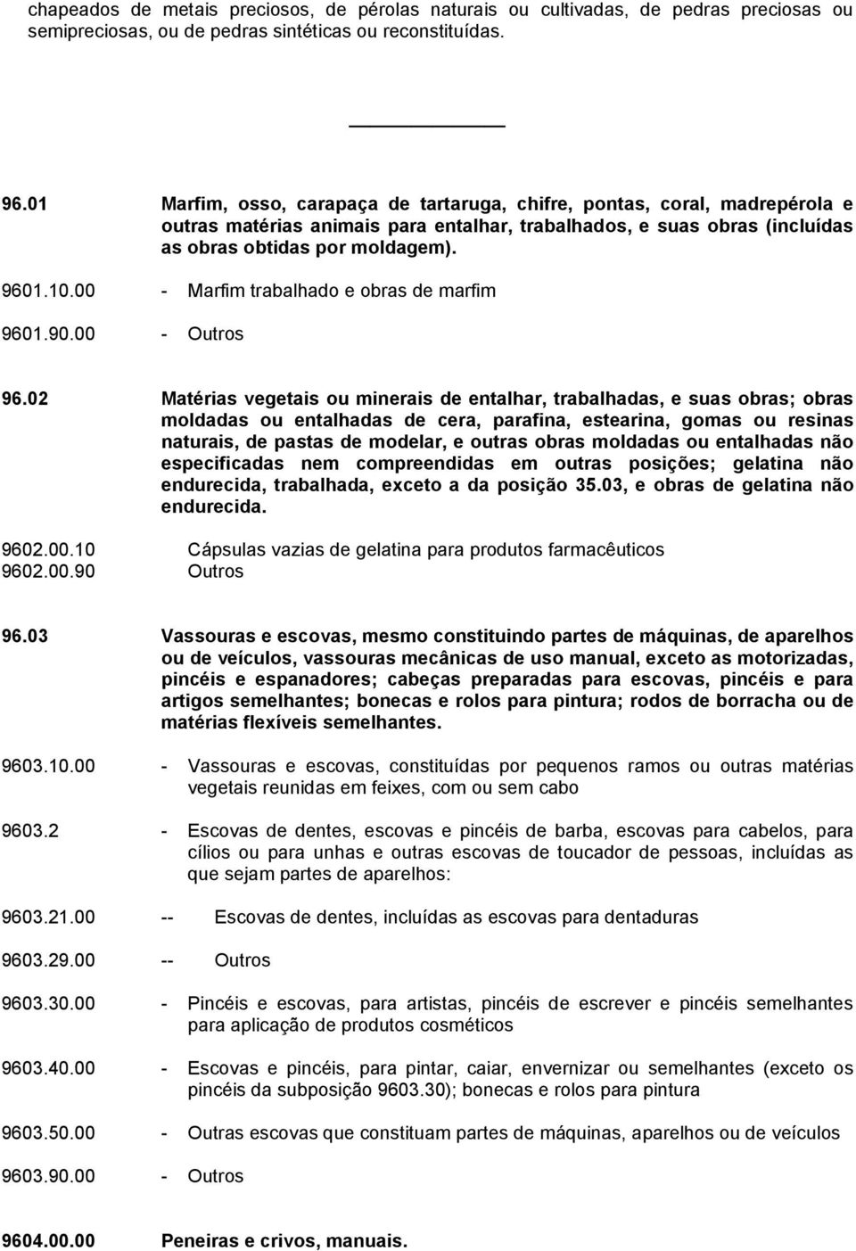 00 - Marfim trabalhado e obras de marfim 9601.90.00 - Outros 96.