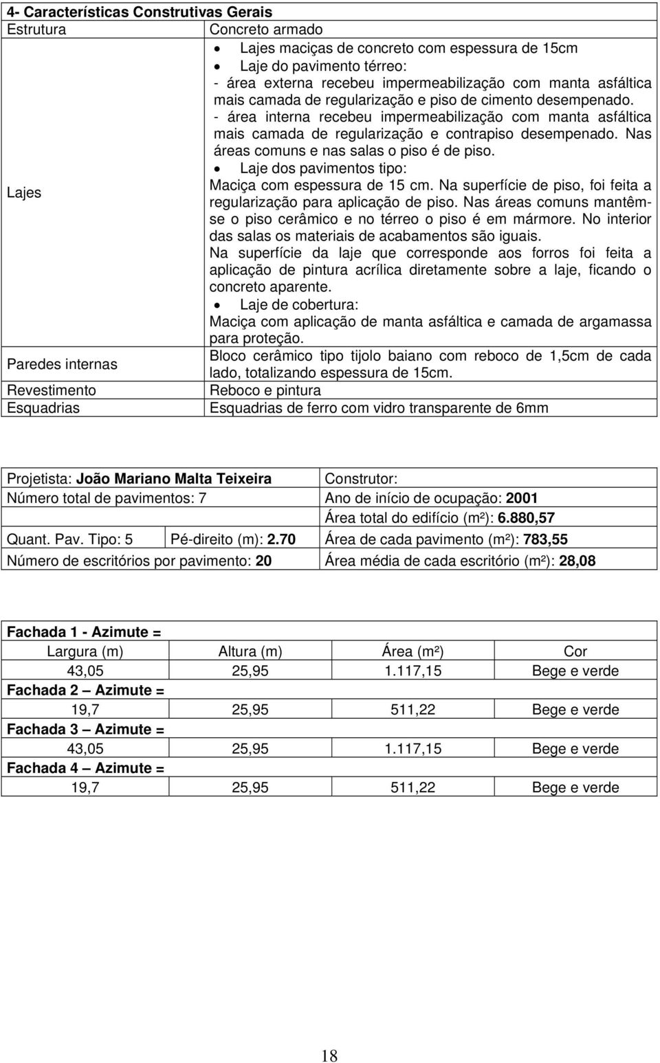 Nas áreas comuns e nas salas o piso é de piso. Laje dos pavimentos tipo: Lajes Maciça com espessura de 15 cm. Na superfície de piso, foi feita a regularização para aplicação de piso.