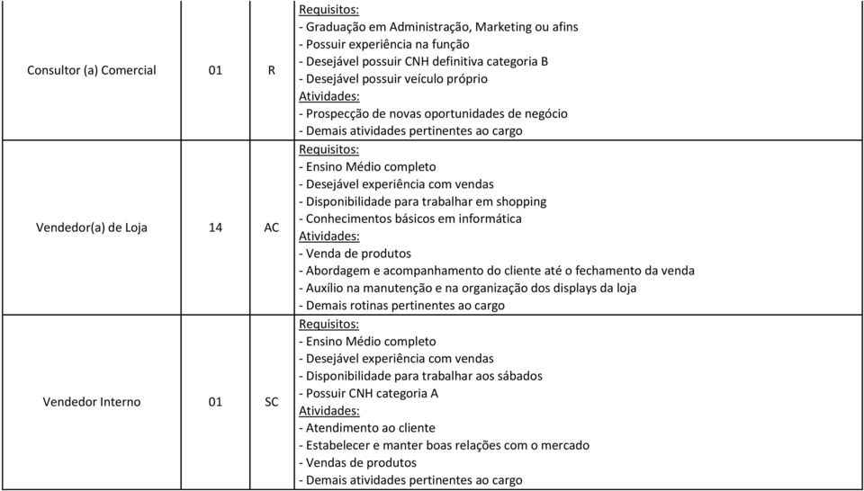 em informática - Venda de produtos - Abordagem e acompanhamento do cliente até o fechamento da venda - Auxílio na manutenção e na organização dos displays da loja - Demais rotinas pertinentes ao