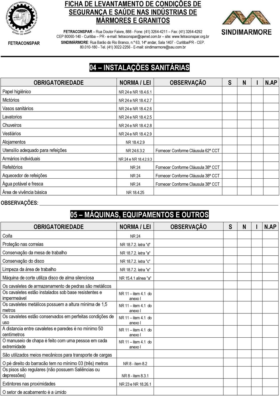 2 Fornecer Conforme Cláusula 62ª CCT Armários individuais NR 24 e NR 18.4.2.9.