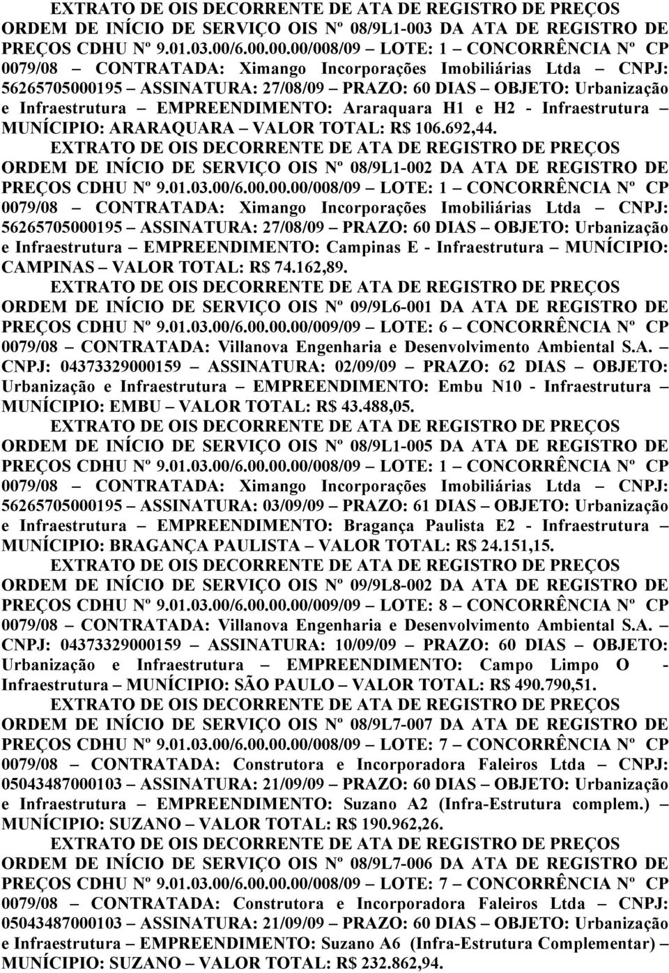 ORDEM DE INÍCIO DE SERVIÇO OIS Nº 08/9L1-002 DA ATA DE REGISTRO DE 56265705000195 ASSINATURA: 27/08/09 PRAZO: 60 DIAS OBJETO: Urbanização e Infraestrutura EMPREENDIMENTO: Campinas E - Infraestrutura