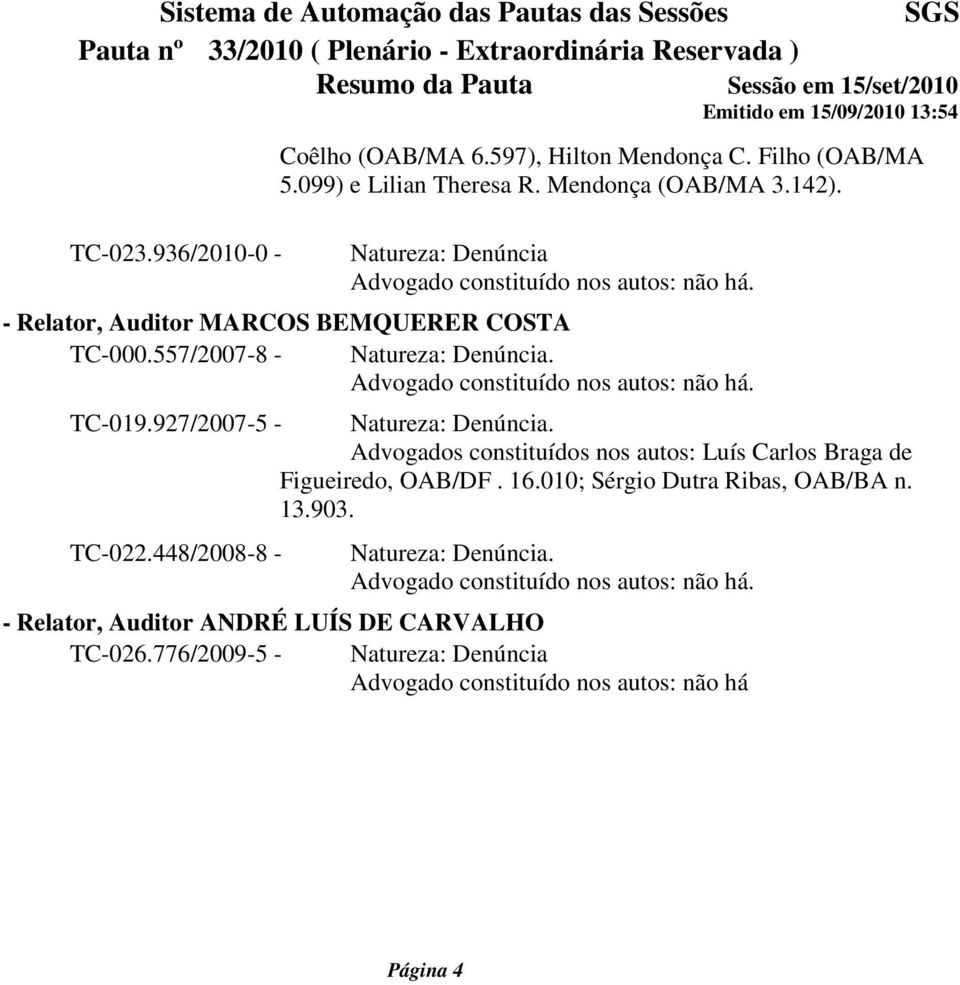 Advogados constituídos nos autos: Luís Carlos Braga de Figueiredo, OAB/DF. 16.010; Sérgio Dutra Ribas, OAB/BA n. 13.903. TC-022.