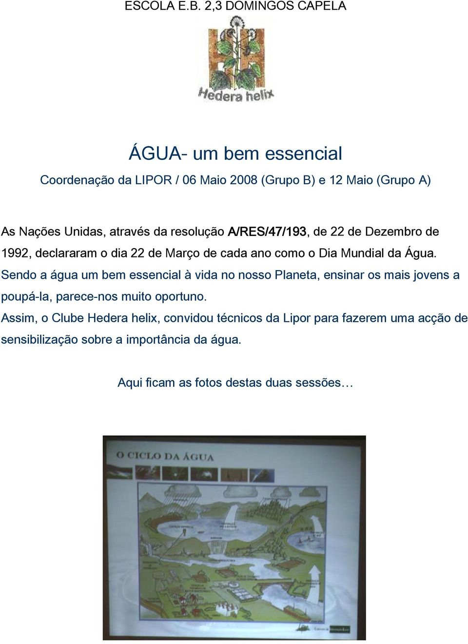 resolução A/RES/47/193, de 22 de Dezembro de 1992, declararam o dia 22 de Março de cada ano como o Dia Mundial da Água.