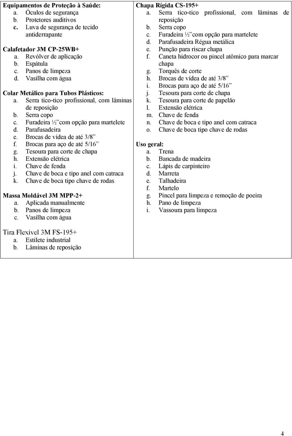 Parafusadeira e. Brocas de vídea de até 3/8 f. Brocas para aço de até 5/16 g. Tesoura para corte de chapa h. Extensão elétrica i. Chave de fenda j. Chave de boca e tipo anel com catraca k.
