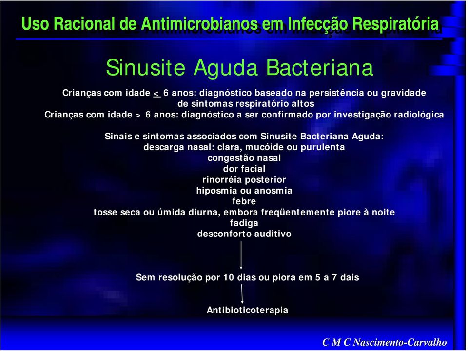 associados com Sinusite Bactena Aguda: descarga nasal: clara, mucóide ou purulenta congestão nasal dor facial rinorréia posterior hiposmia ou anosmia