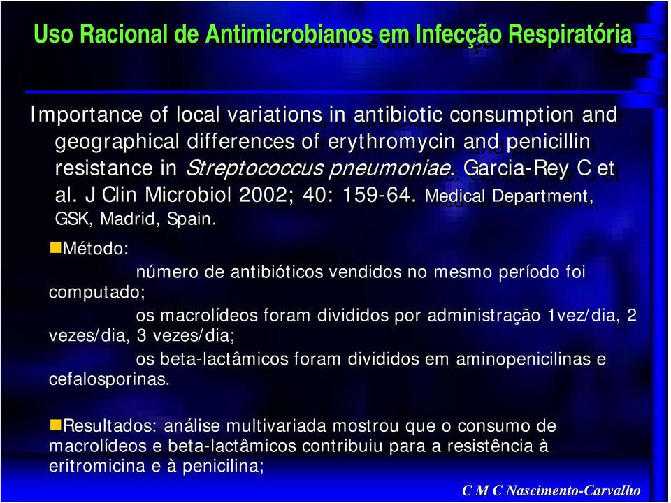 Método: número de antibióticos vendidos no mesmo período foi computado; os macrolídeos foram divididos por administração 1vez/dia, 2 vezes/dia, 3 vezes/dia; os