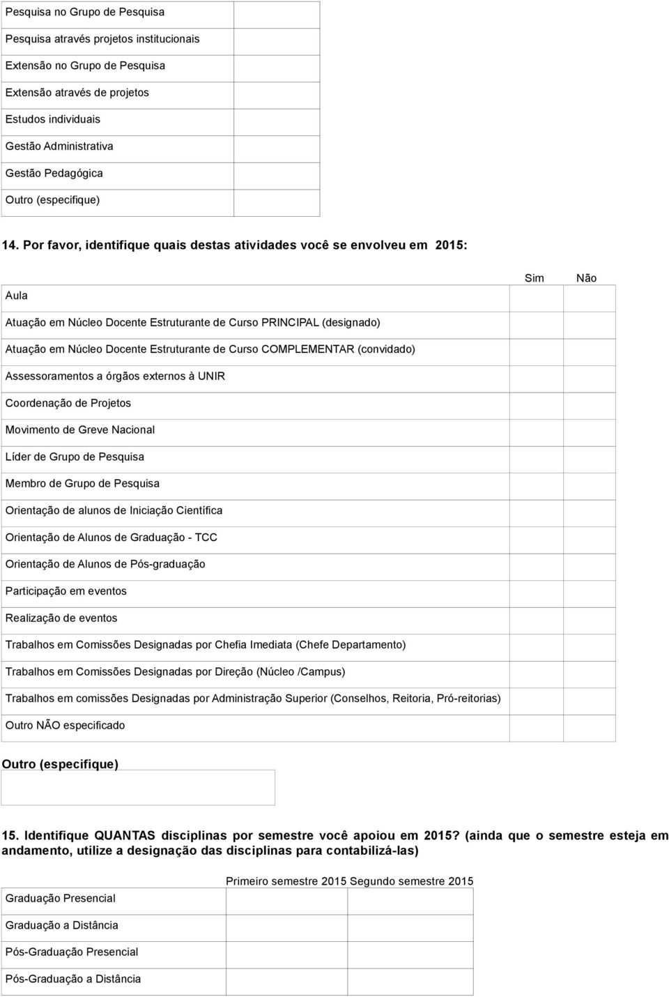 COMPLEMENTAR (convidado) Assessoramentos a órgãos externos à UNIR Coordenação de Projetos Movimento de Greve Nacional Líder de Grupo de Pesquisa Membro de Grupo de Pesquisa Orientação de alunos de