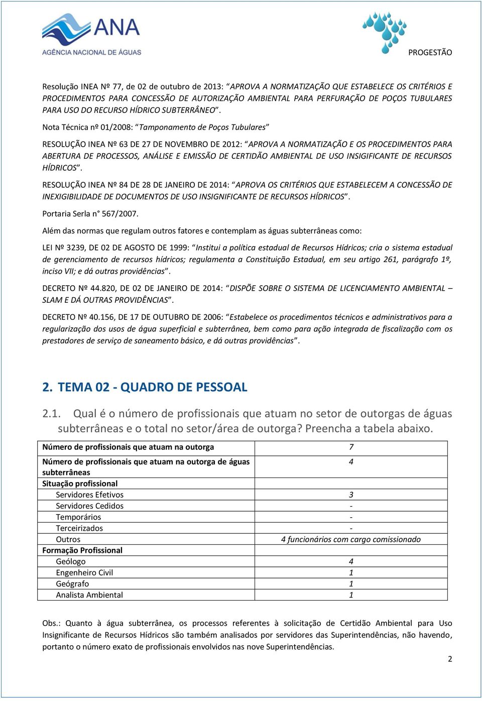 Nota Técnica nº 01/2008: Tamponamento de Poços Tubulares RESOLUÇÃO INEA Nº 63 DE 27 DE NOVEMBRO DE 2012: APROVA A NORMATIZAÇÃO E OS PROCEDIMENTOS PARA ABERTURA DE PROCESSOS, ANÁLISE E EMISSÃO DE