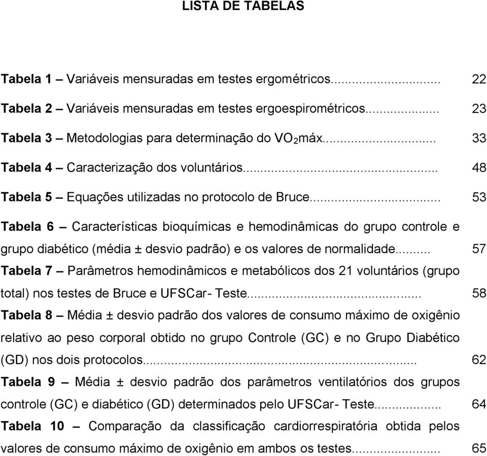 .. 53 Tabela 6 Características bioquímicas e hemodinâmicas do grupo controle e grupo diabético (média ± desvio padrão) e os valores de normalidade.