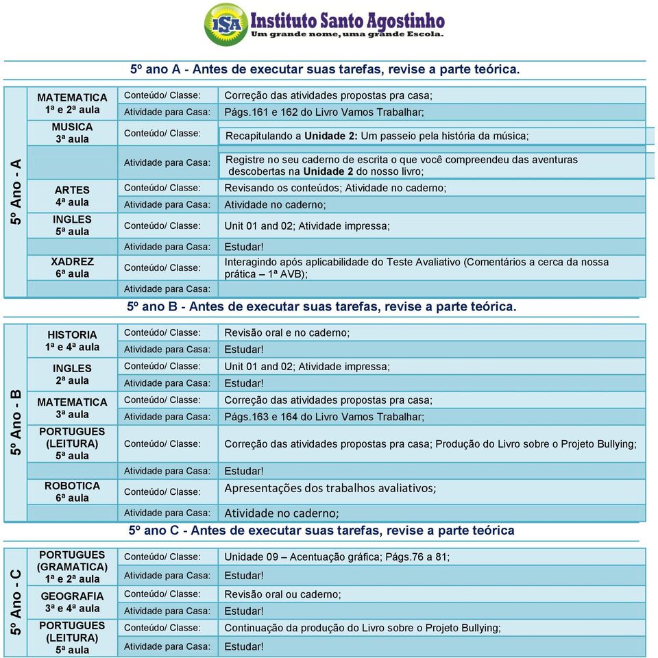 aventuras descobertas na Unidade 2 do nosso livro; Revisando os conteúdos; Unit 01 and 02; Atividade impressa; 5º ano B - Antes de executar suas tarefas, revise a parte teórica.