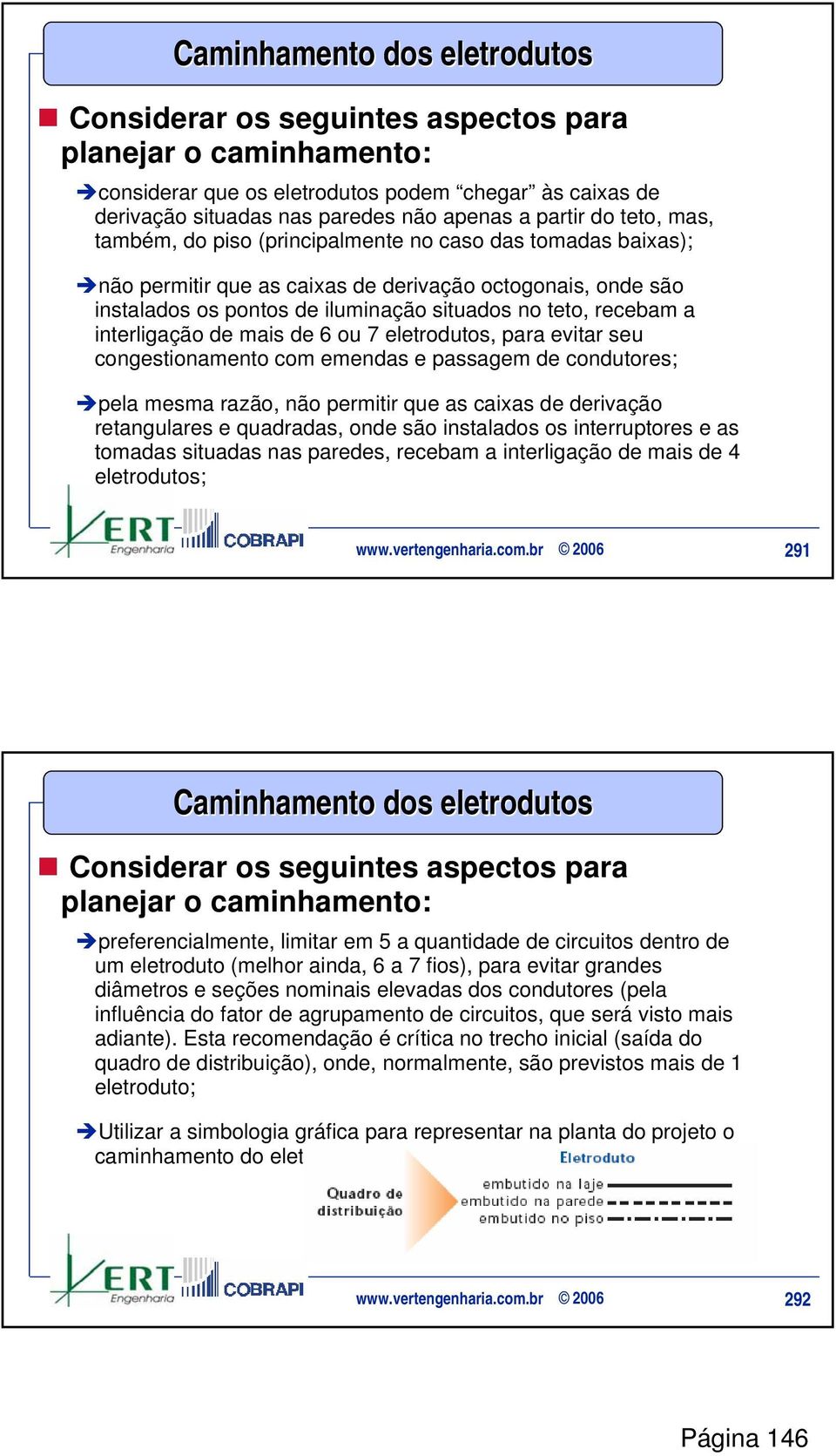 interligação de mais de 6 ou 7 eletrodutos, para evitar seu congestionamento com emendas e passagem de condutores; pela mesma razão, não permitir que as caixas de derivação retangulares e quadradas,