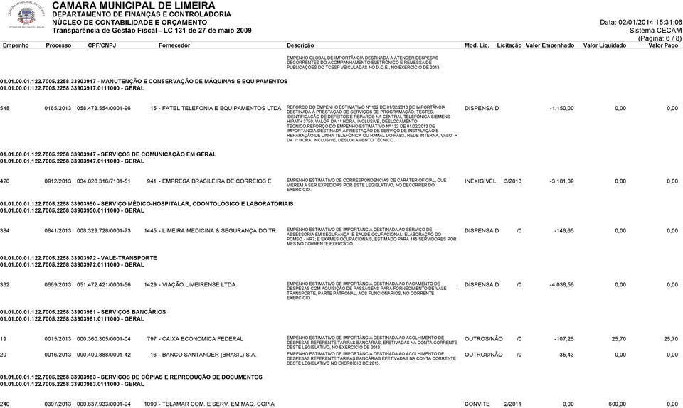 554/0001-96 15 - FATEL TELEFONIA E EQUIPAMENTOS LTDA REFORÇO DO EMPENHO ESTIMATIVO Nº 132 DE 01/02/2013 DE IMPORTÂNCIA DESTINADA À PRESTAÇAO DE SERVIÇOS DE PROGRAMAÇÃO, TESTES, IDENTIFICAÇÃO DE