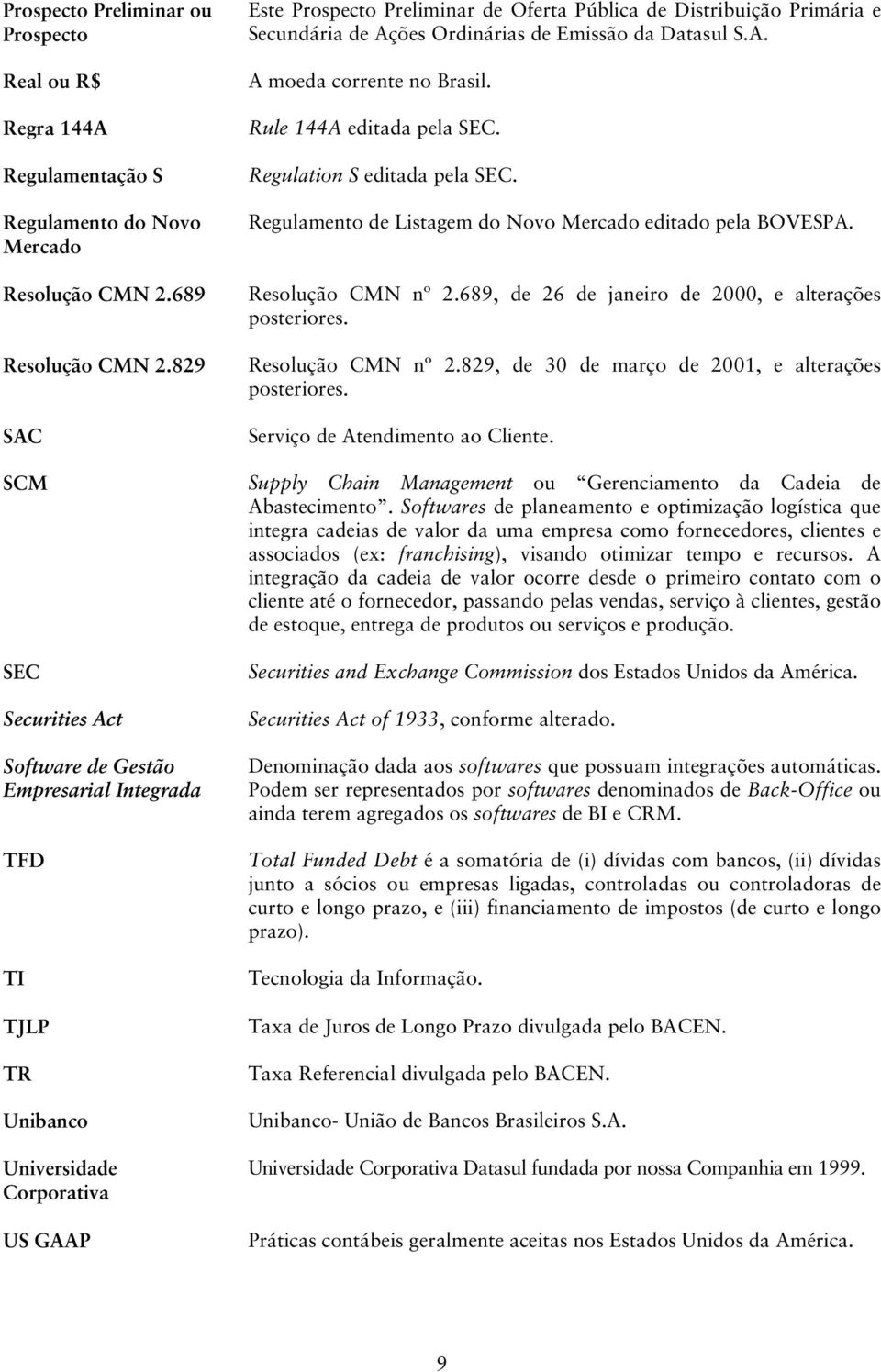 Regulation S editada pela SEC. Regulamento de Listagem do Novo Mercado editado pela BOVESPA. Resolução CMN nº 2.689, de 26 de janeiro de 2000, e alterações posteriores. Resolução CMN nº 2.829, de 30 de março de 2001, e alterações posteriores.