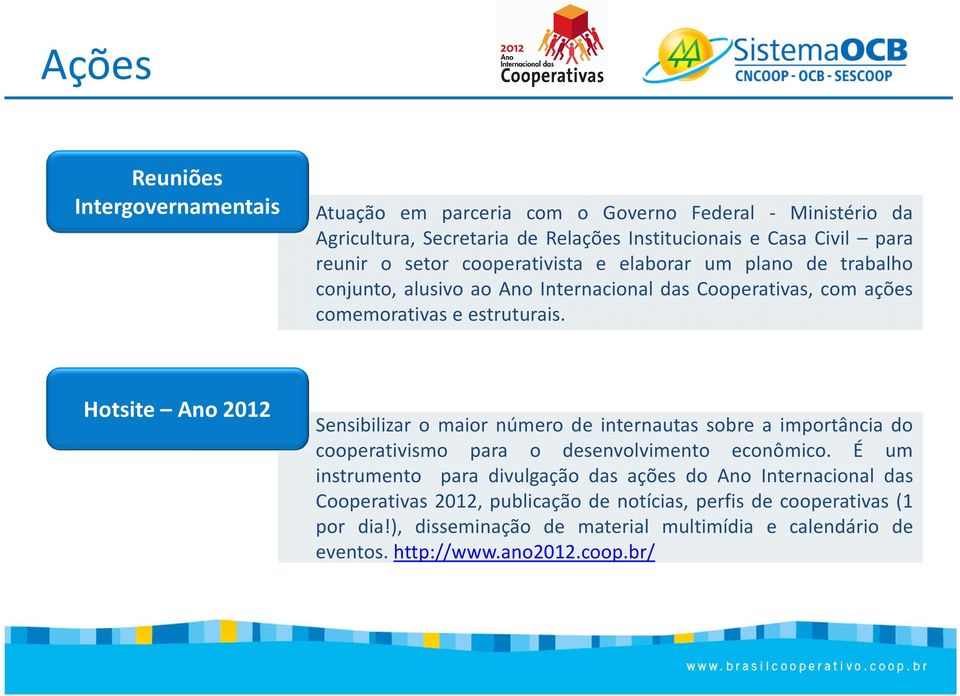 Hotsite Ano 2012 Sensibilizar o maior número de internautas sobre a importância do cooperativismo para o desenvolvimento econômico.