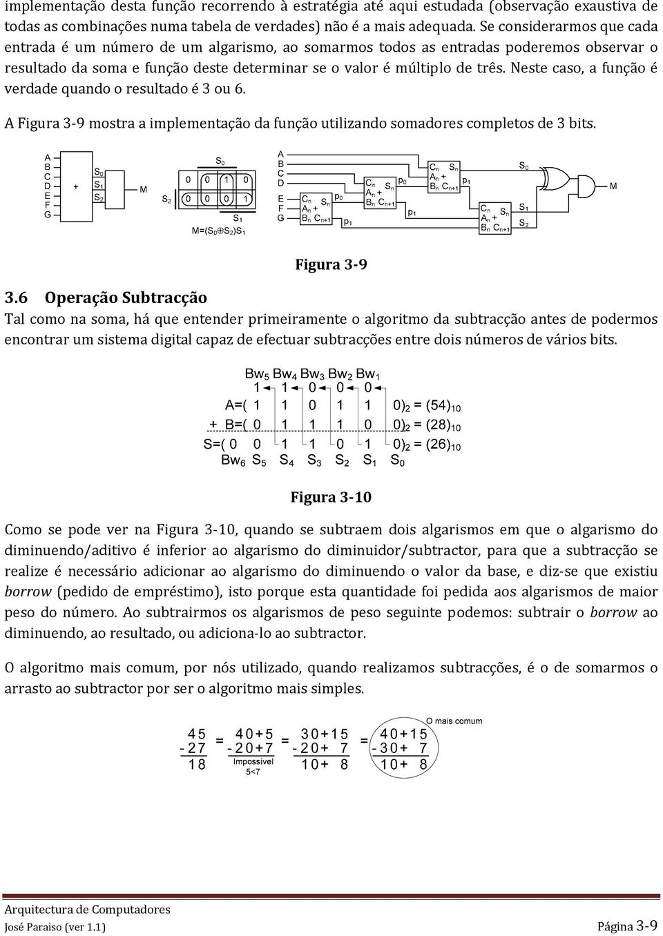 Neste caso, a função é verdade quando o resultado é 3 ou 6. A Figura 3 9 mostra a implementação da função utilizando somadores completos de 3 bits. Figura 3 9 3.