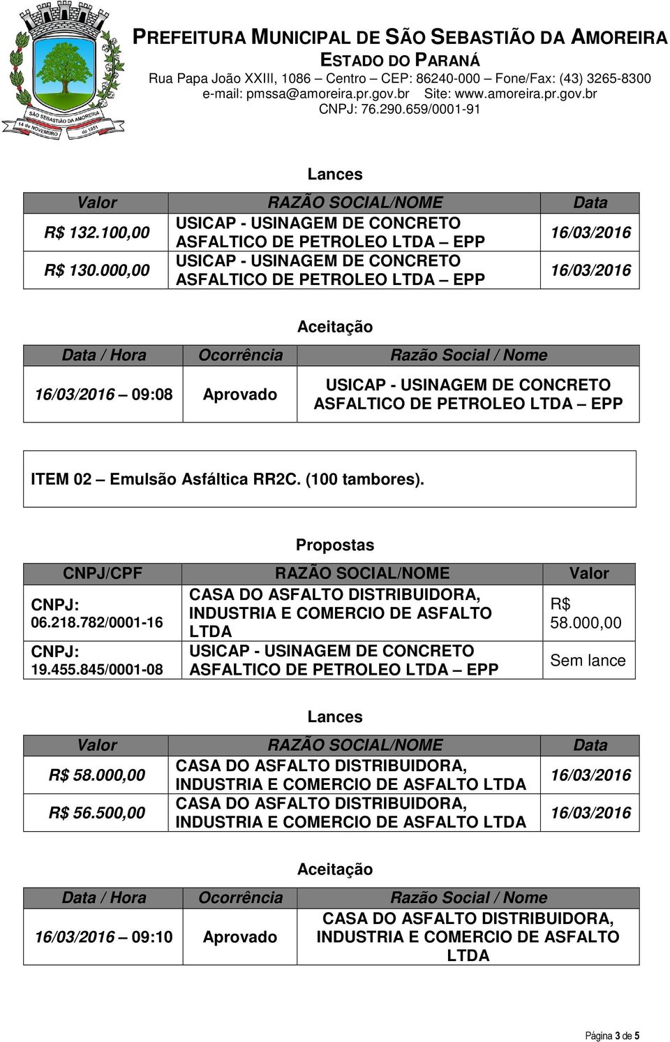(100 tambores). 06.218.782/0001-16 Propostas CNPJ/CPF RAZÃO SOCIAL/NOME Valor R$ 58.000,00 19.455.