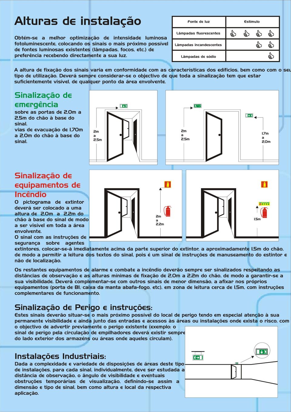 Fonte de luz Lâmpds fluorescentes Lâmpds incndescentes Lâmpds de sódio Estímulo A ltur de fixção dos sinis vri em conformidde com s crcterístics dos edíficios, bem como com o seu tipo de utilizção.