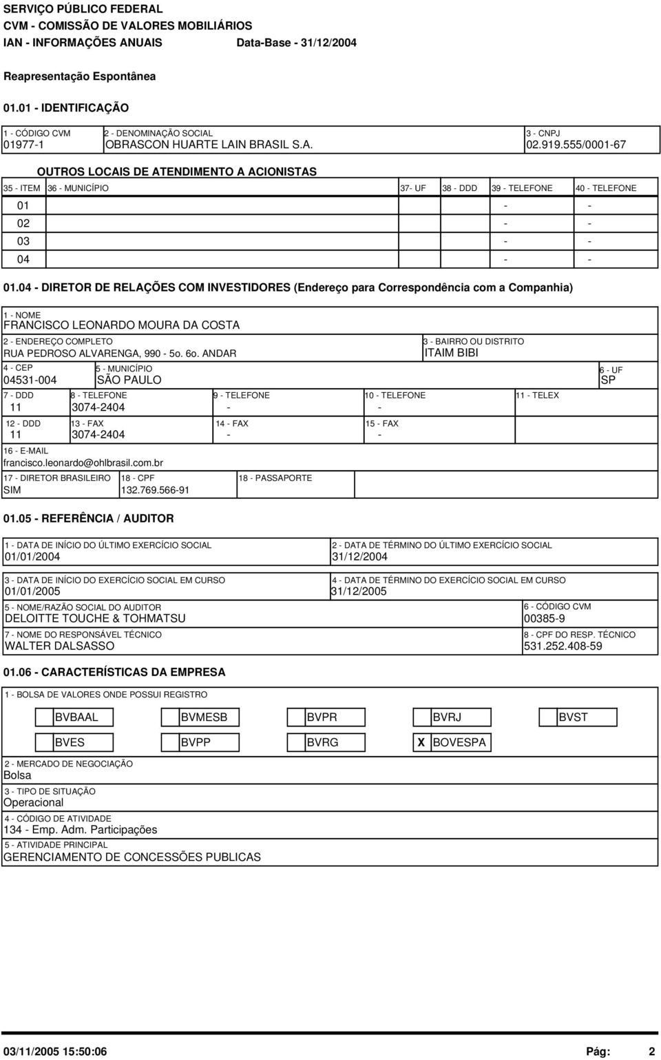 4 - DIRETOR DE RELAÇÕES COM INVESTIDORES (Endereço para Correspondência com a Companhia) 1 - NOME FRANCISCO LEONARDO MOURA DA COSTA 2 - ENDEREÇO COMPLETO RUA PEDROSO ALVARENGA, 99-5o. 6o.