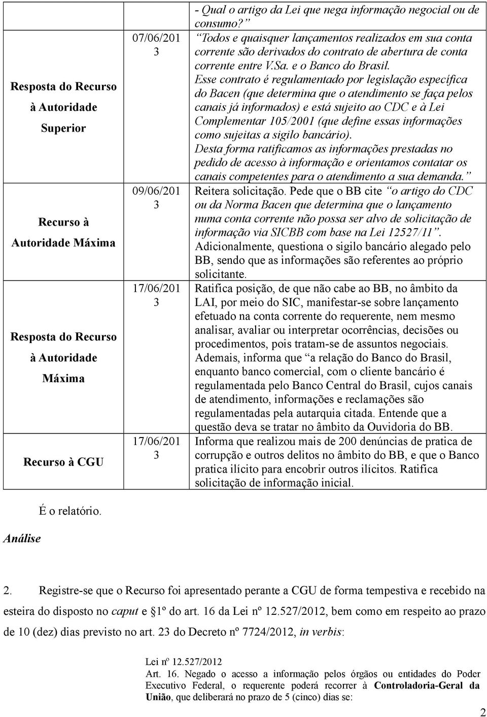 Todos e quaisquer lançamentos realizados em sua conta corrente são derivados do contrato de abertura de conta corrente entre V.Sa. e o Banco do Brasil.