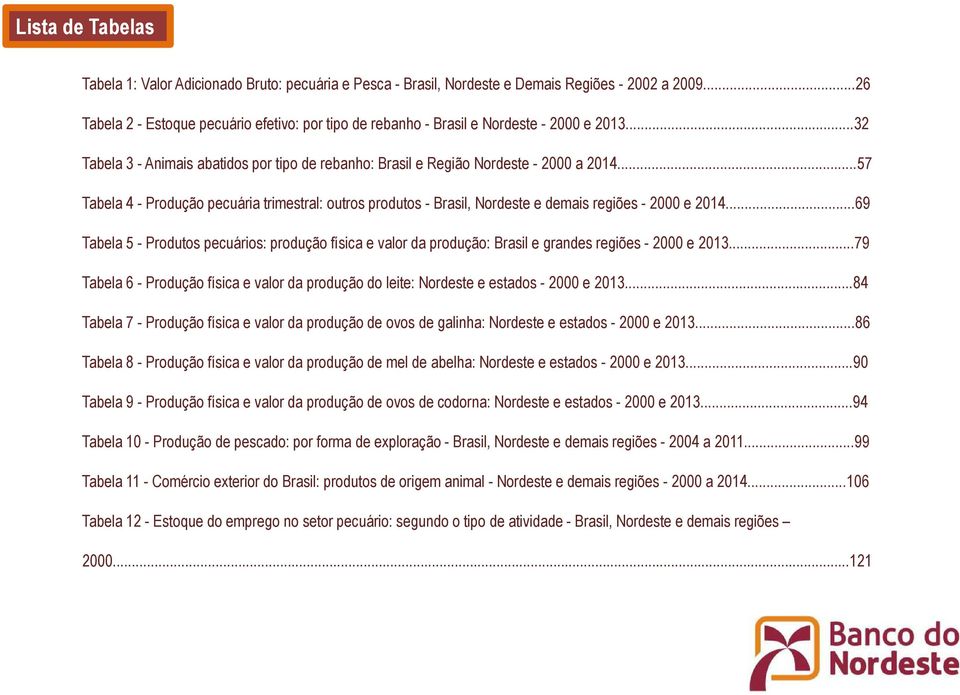 ..57 Tabela 4 - Produção pecuária trimestral: outros produtos - Brasil, Nordeste e demais regiões - 2000 e 2014.