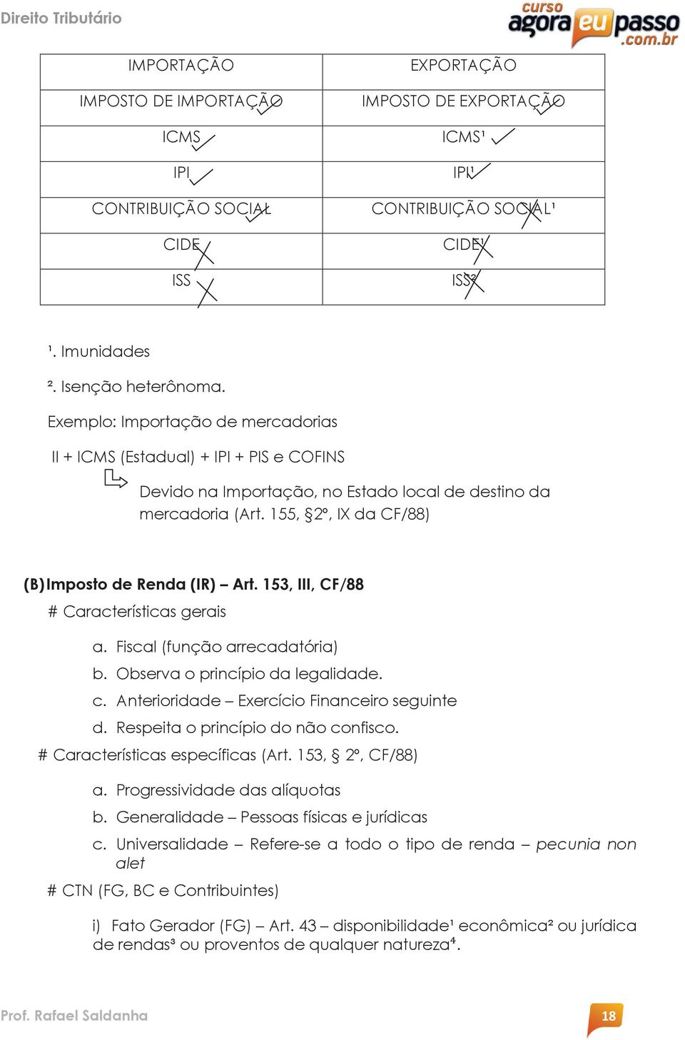 153, III, CF/88 # Características gerais a. Fiscal (função arrecadatória) b. Observa o princípio da legalidade. c. Anterioridade Exercício Financeiro seguinte d. Respeita o princípio do não confisco.