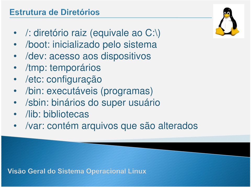 configuração /bin: executáveis (programas) /sbin: binários do