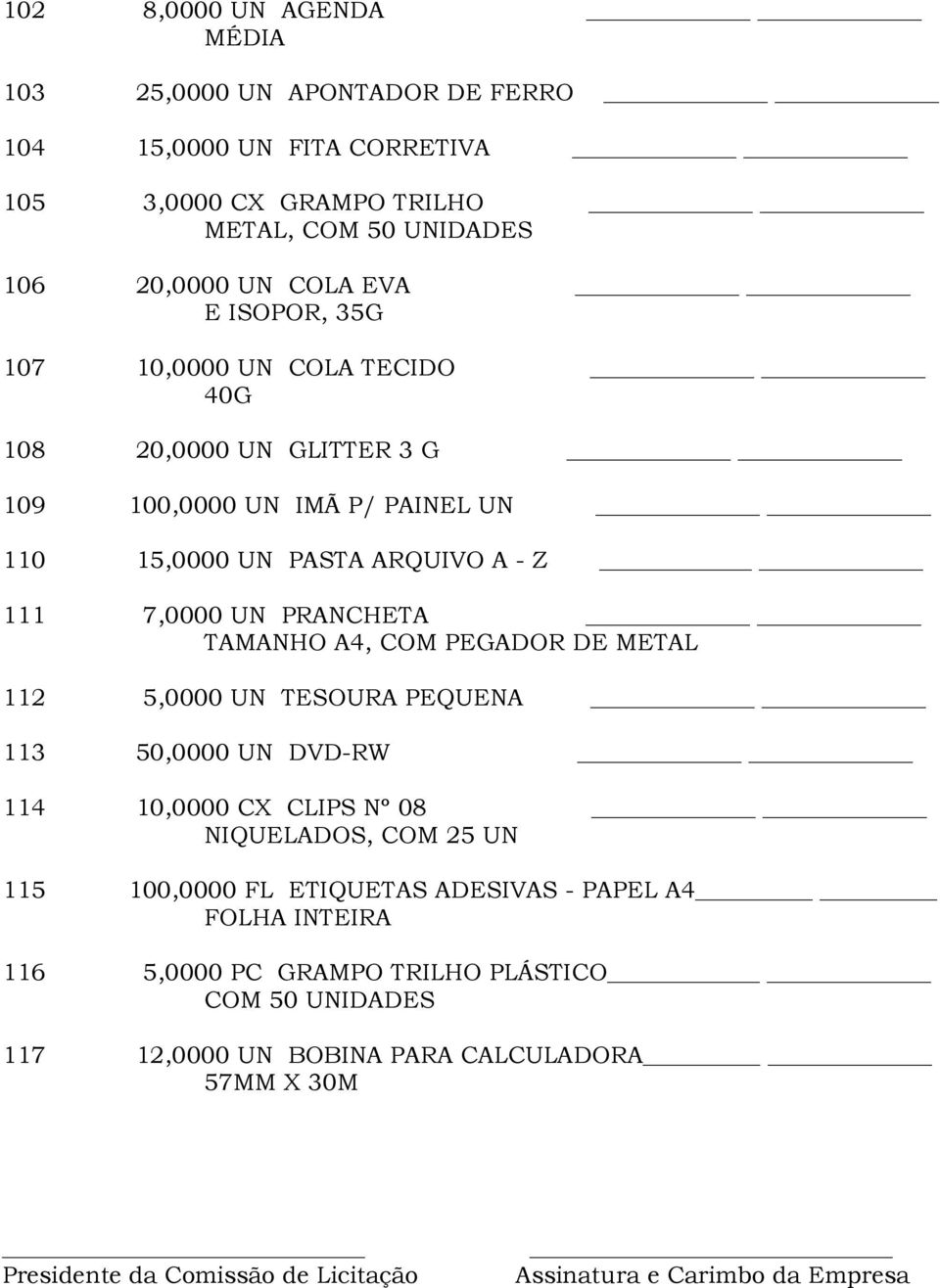 COM PEGADOR DE METAL 112 5,0000 UN TESOURA PEQUENA 113 50,0000 UN DVD-RW 114 10,0000 CX CLIPS Nº 08 NIQUELADOS, COM 25 UN 115 100,0000 FL ETIQUETAS ADESIVAS - PAPEL A4 FOLHA